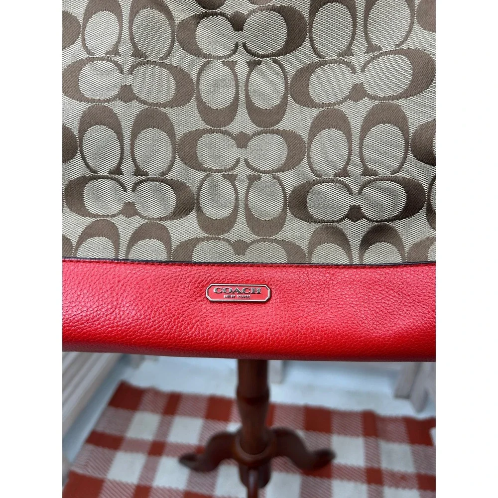 Coach Park Signature Carrie Tote F28728 Khaki Red Leather Monogram Shoulder Bag